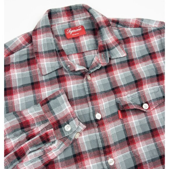 Supreme Flannel Shirt Men's Large Plaid Gray Red Button-Up Pockets Streetwear - Picture 1 of 13